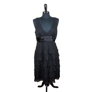 BCBGMAXAZARIA  Black Silk Dress Tiered Ruffles V Neckline Event 12